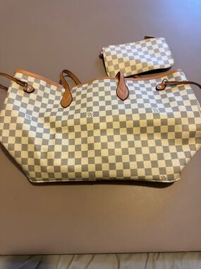 Canvas Check Tote Bag with Leather Trim - Cream